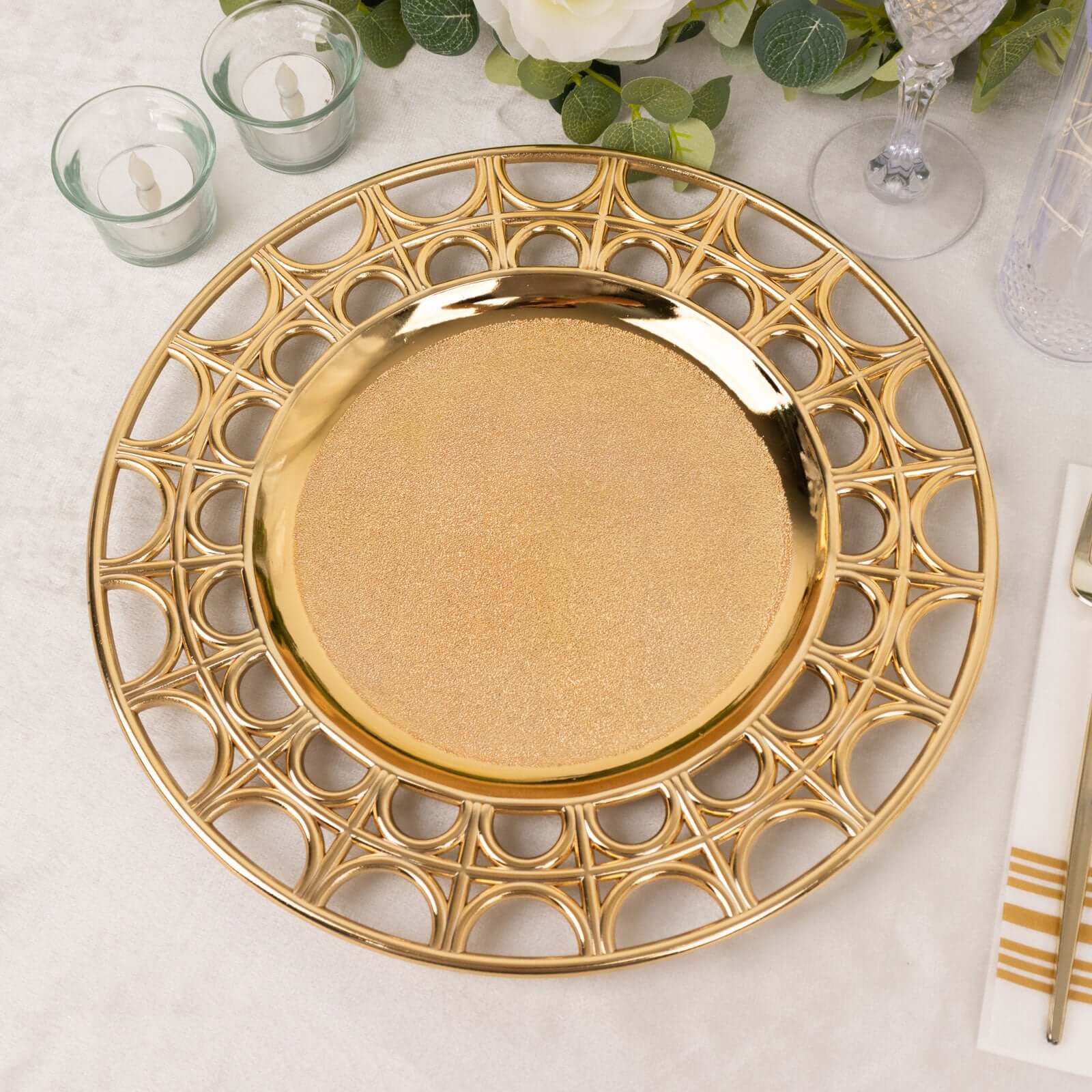 6-Pack Acrylic Charger Plates 13" Round Metallic Gold with Hollow Semi Circle Rim - Plastic Decorative Charger Tableware